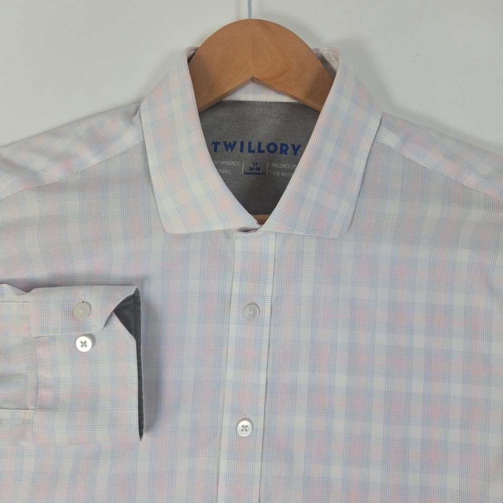 Twillory Dress Shirt Mens 17 34-35 White Pink Blue Plaid Performance Traditional